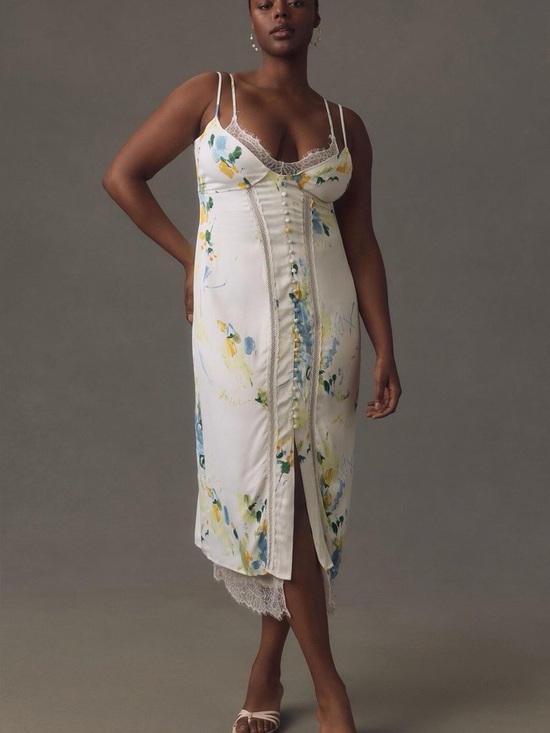Anthropologie Dresses & Skirts - Anthropologie White Slip Dress with Blue & Yellow Floral Print